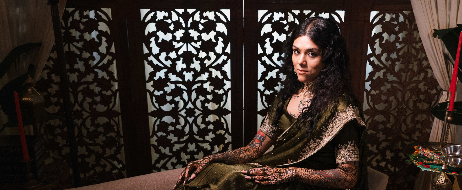 Anjelica during her colorful Mehndi ceremony celebration at an Indian wedding event