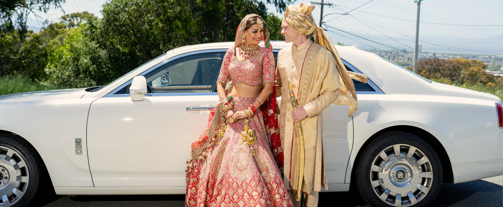 Akshjot and Michael outside El Sobrante Gurdwara following their traditional Sikh wedding ceremony in California