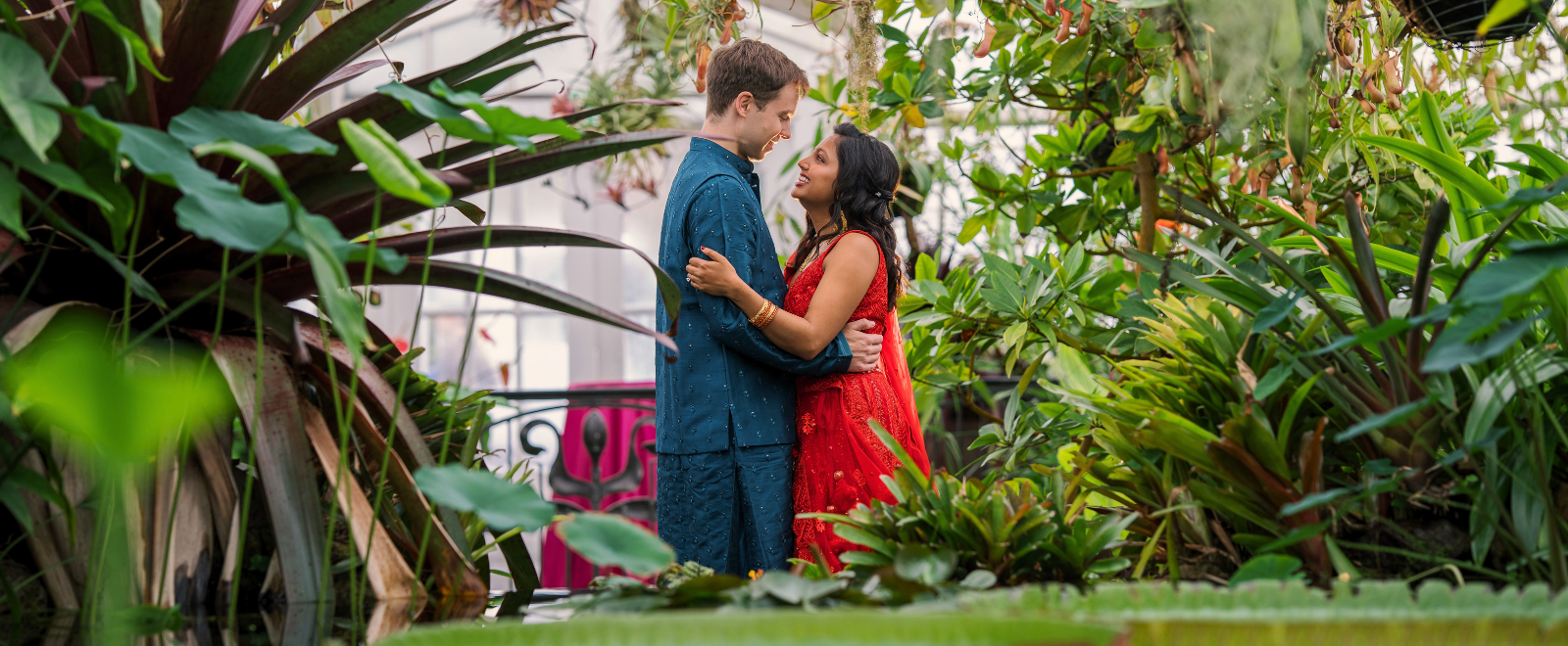 Meena and Erik during their Sangeet celebration at Conservatory of Flowers in San Francisco